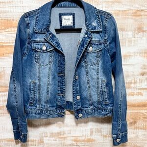 Distressed Denim Stretch Jean Jacket With Button Front Closure Size Small
